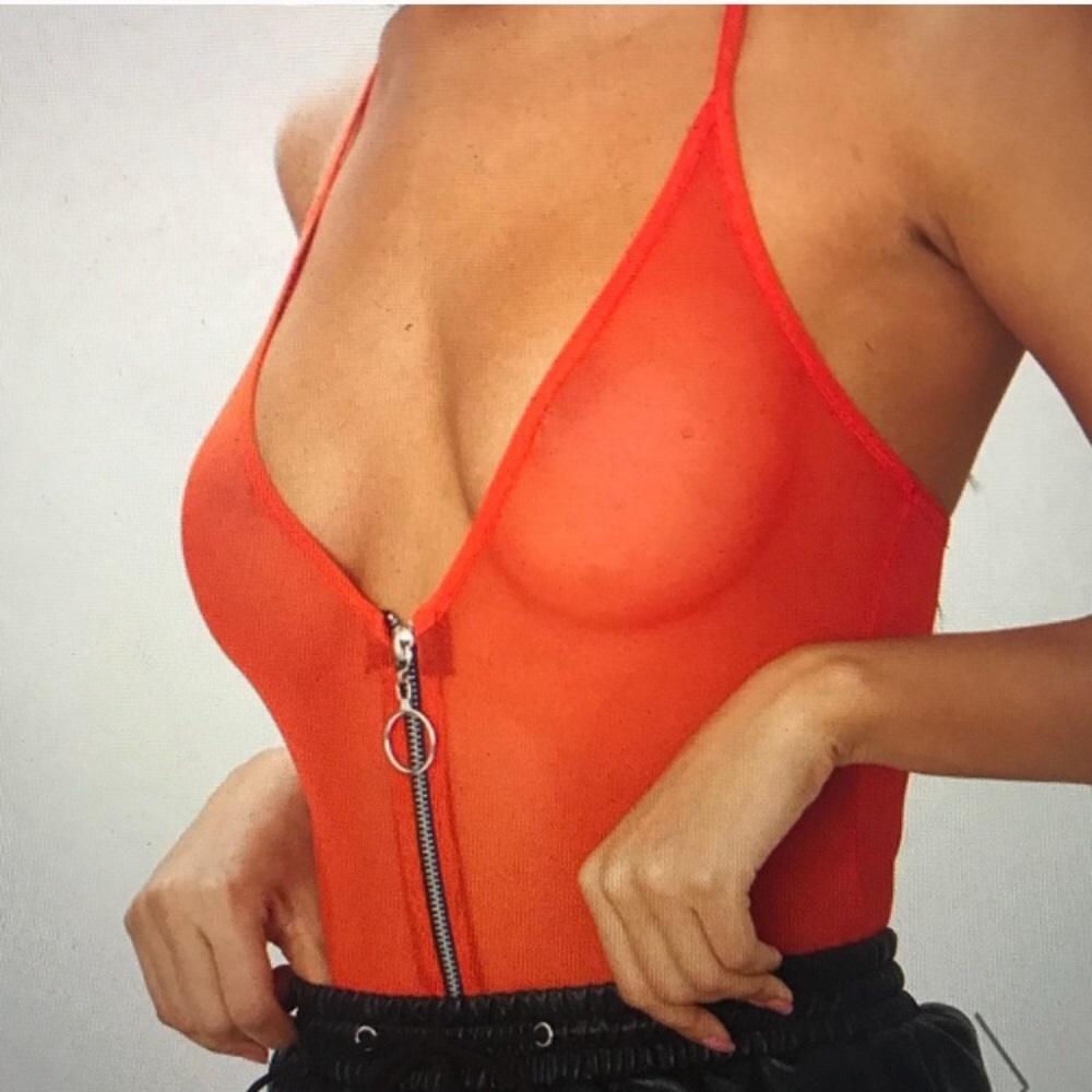 Orange Mesh Zip Thong Bodysuit